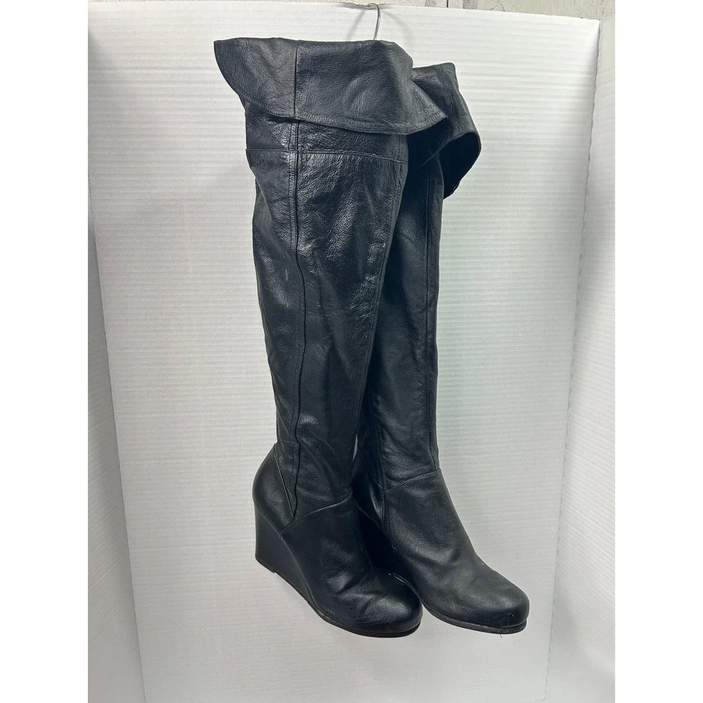 Chinese Laundry Solid Over The Knee Boots 6.5 Black Leather Wedge Grunge Chic